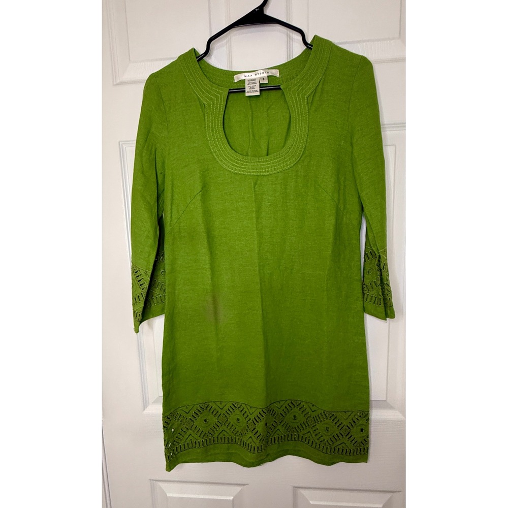 Max Studio Tunic Dress Women Small‎ Green Linen Blend Eyelet Boho 3/4 Sleeve Top